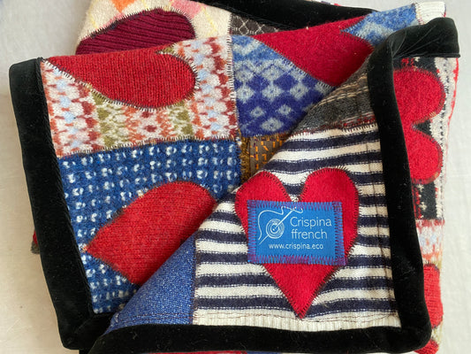 Heart Blanket - Crib/Lap Size (3x4ft) made from 100% All Natural Upcycled Sweaters - Tenango with Black Velvet