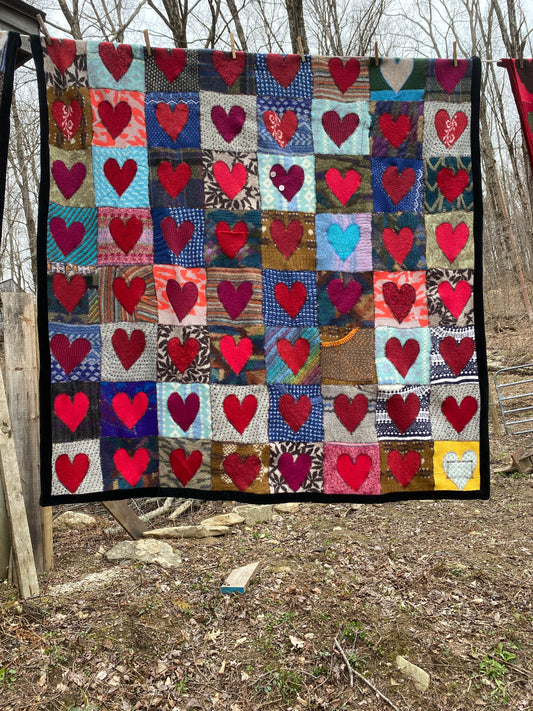 Heart Blanket - Throw Size (5x5ft) made from 100% All Natural Upcycled Sweaters - Tenango with Black Velvet